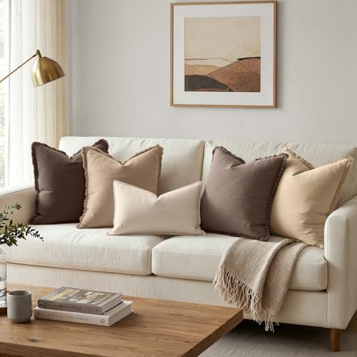 ANRODUO Set of 2 Decorative Throw Pillow Covers 24×24 Inch Soft Linen Fringe Farmhouse Boho Vintage Cushion Covers with Tassels Accent Pillowcase for Couch Sofa Bed Living Room Summer Decor Beige - color: Beige, size: 24" x 24" (Pack of 2)