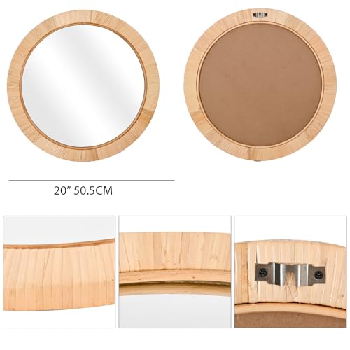 FUIN 20" Boho Round Rattan Mirror – Handwoven Wicker Wall Mirror for Nursery, Farmhouse & Coastal Décor - color: Rattan, size: 20"L x 20"W