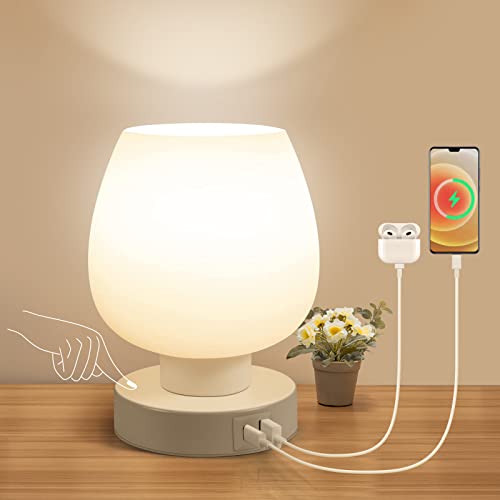 Touch Bedside Table Lamp - Small Lamp for Bedroom with USB C+A Charging Ports 3 Way Dimmable, Nightstand Desk lamp with White Opal Glass Lamp Shade Warm LED Bulb Included, Simple Design Gifts - color: USB-white_1pack, size: USB