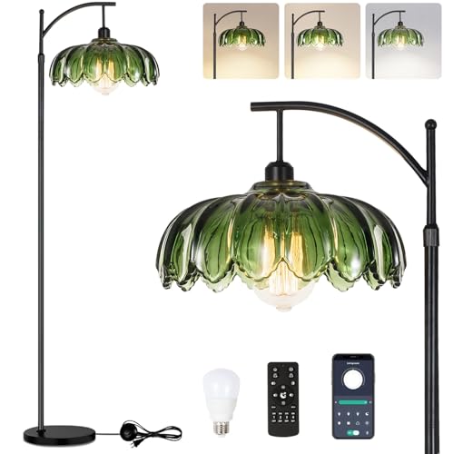 QIYIZM Glass Floor Lamp for Living Room,Bedroom,Gold Dimmable Standing Lamp with Remote,Mid Century Modern Brass Tall Lamp Boho Vintage Retro Floor Lamps Arc Green Flower Floor Light Lamp Bohemian - size: 04-Floor Lamp