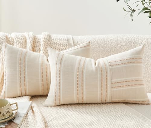 Throw Pillow Covers Set of 2 12x20 Inch Striped Pillow Covers, Soft Decorative Cotton Lumbar Neutral Khaki Textured Case for Couch Sofa Bed Living Room, Home Modern Farmhouse Cute Decor - color: Khaki, size: 20" x 12" (Pack of 2)