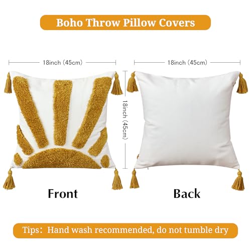 Boho Throw Pillow Covers 18x18 Inch Set of 1, Yellow Sun Tufted Square Pillow Covers with Tassels, Bohemian Farmhouse Decorative Cushion Cover for Couch Sofa Bedroom Living Room Home Decor - color: Golden Sunburst