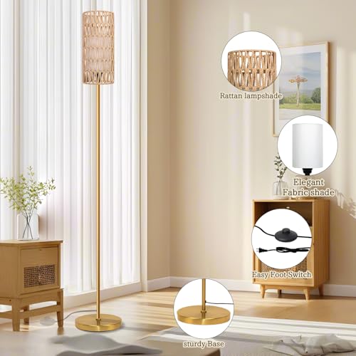 Ruiever Floor Lamp for Living Room,Farmhouse Floor lamp,Modern Standing lamp with Hand-Worked Rattan Shade (Round Rattan Shade Gold Color-3 Color Bulb) - style: Round Rattan Shade Gold Color-3 Color Bulb