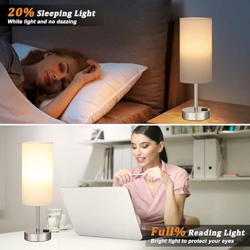 Dicoool Bedside Table Lamps for Bedroom Set of 2 - Touch Lamp for Nightstand with USB-A+C Charging Ports - 3 Way Dimmable Small Desk Lamp White for Office, Dorm Room, Living Room, Reading, Nursery - color: White & Silver, size: 14in