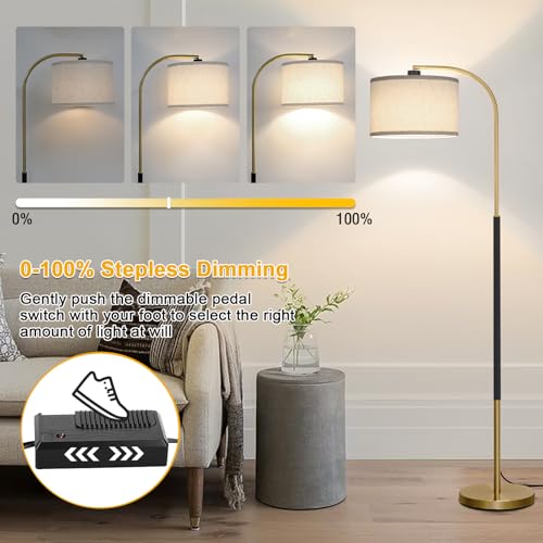 Dimmable Floor Lamp for Living Room, Arc Floor Lamps with Adjustable Drum Shade Pedal Switch, Black and Gold Tall Standing Lamp with 9W LED Bulb, Modern Reading Light Pole Lamp for Bedroom, Office - color: Black and Gold