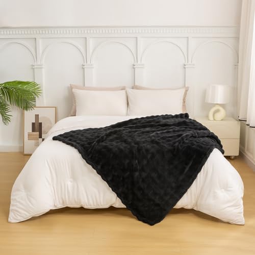 YUSOKI 3D Fleece Bubble Throw Blanket | 380GSM Ultra Soft Fluffy Plush | Non-Shedding Lightweight Cozy Blanket for Couch Sofa Bed | All Season(Black,50 * 60inches) - color: Black, size: Throw(50" x60")