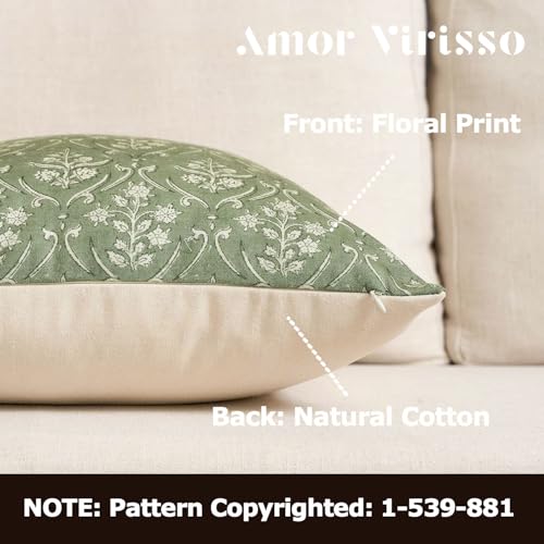 Amor Virisso Floral Pillow Covers 20x20 Inch Farmhouse Block Print Pillow Cover Accent Square Neutral Modern Decorative Throw Pillow Covers for Living Room Couch Bed Sofa Chair, Sage Green - color: Sage Green, size: 20" x 20" (Pack of 1)
