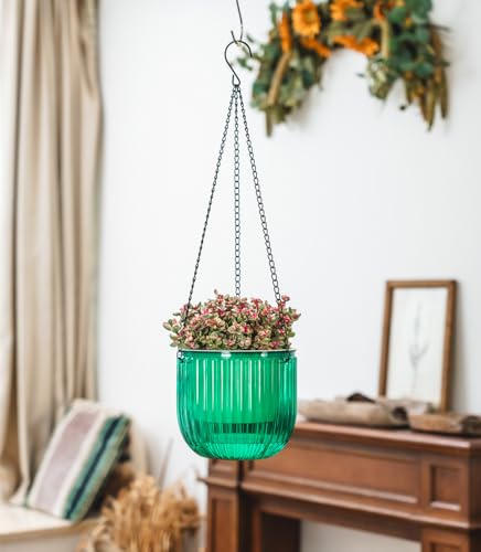 Josteve 6.5 Inch 2 Pcs Self Watering Hanging Planter Indoor Plant Pots Drainage Holes, Outdoor Hanging Planters Flower Pot Basket, Visible Water Level, Plant Hanger Home Decor, Gardening - color: Emerald, size: 2*6.5 inch