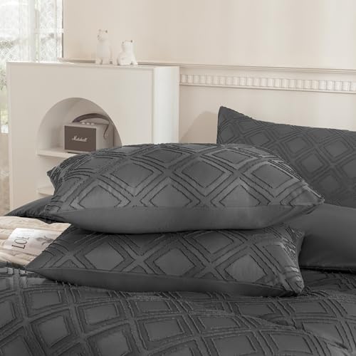 JELLYMONI Pillowcases Standard Size Grey 2 Pack Boho Plaid Bed Pillow Covers 20x26in Polyester Envelope Pillow Shams Tufted Bohemian Textured (Pillows are not Included) - color: 01 - Grey - Grid, size: 26" x 20" (Pack of 2)