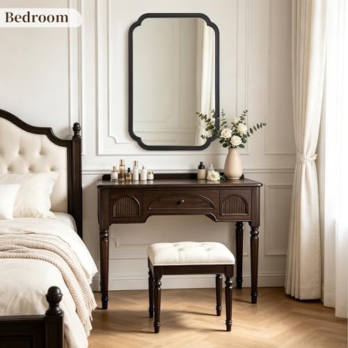HOMECOOKIN Wood Bathroom Mirror for Wall Decor Arched Rounded Corner Rustic Wood Frame Wall Mirror Home Decorative for Vanity, Living Room, Bedroom, Entryway (24 x 36 inch, Black) - color: Black, size: 36"L x 24"W
