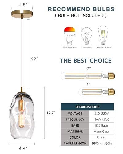 CASAMOTION Modern Pendant Lights Kitchen Island Large Gold Hanging Light Fixtures for Dining Table Blown Art Glass Clear Organic Globe Bedroom Foyer Entryway Hallway Lamp 12 Inch 1 Pack - color: Clear+Glod 12"H-1 Pack