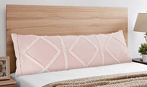 Bohemian Boho Chic Light Blush Pink and Ivory Macrame Tufted Tassel Accent Decorative Couch Long Throw Zipper Body Pillow Cover Case 54x20 Solid Textured Minimalist Farmhouse Geometric Room Decor - color: Pink Tufted