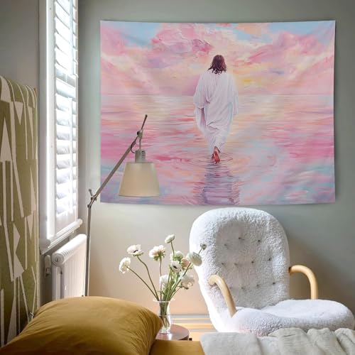 AQYIP Jesus Walking on Water Tapestry, Pastel Christian Jesus Tapestry Decorative, Christian Room Decor, Pink Religious Wall Tapestries Blanket Decor for Home Office Church, 50x60 Inch - color: walking jesus