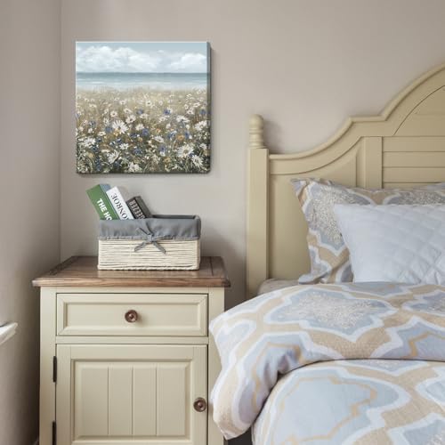 Canvas Wall Art Beach Floral Wall Picture Coastal Boho Farmhouse Daisy Flowers Nautical Sea Ocean Wildflowers Canvas Print Vintage Artwork for Small Rustic Bathroom Bedroom Living Room Office Décor - color: Coastal Flower Sea Art, size: 13"L x 13"W