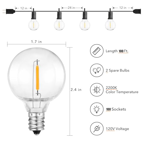 Brightown LED Outdoor String Lights Patio Lights 100FT with 104 LED Bulbs, Shatterproof Weatherproof Commercial Hanging Light for Backyard Bistro Pergola Party Decor, E12 Socket Base, 2200K, Black - color: Black, size: 100FT