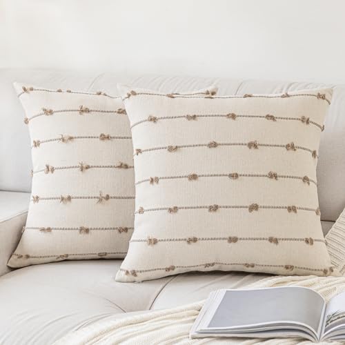 YEENAASY Boho Throw Pillow Covers 24x24 Set of 2 Modern Farmhouse Decorative Cushion Case Tufted Square Pillows Cover Neutral Pillow Cases Accent Pillowcase for Sofa,Couch,Bed,Beige and Khaki - color: Beige and Khaki, size: 24" x 24" (Pack of 2)