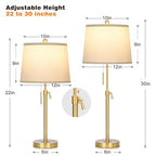 JUNNAI 2 Pack 22"-30" Adjustable Height Table Lamps Set, Modern Gold Table Lamps with White Shade 3 Colour Temperature Pull Chain Tall Lamps for Living Room Bedroom Bedside End Table Nightstand - color: Gold+White Shade Set of 2