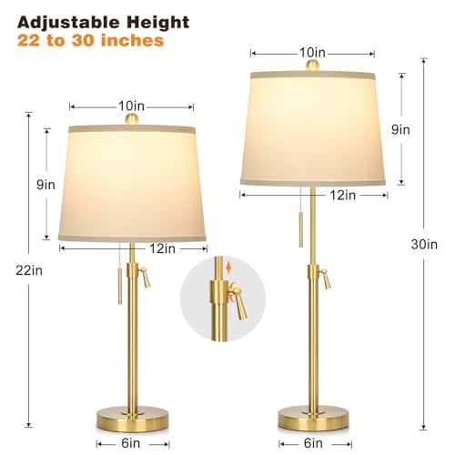 JUNNAI 2 Pack 22"-30" Adjustable Height Table Lamps Set, Modern Gold Table Lamps with White Shade 3 Colour Temperature Pull Chain Tall Lamps for Living Room Bedroom Bedside End Table Nightstand - color: Gold+White Shade Set of 2