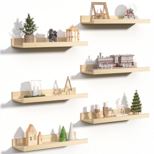 upsimples Floating Shelves for Wall, Wall Shelves for Decor Storage Set of 6, Wall Mounted Wood Shelf for Bedroom, Living Room, Bathroom, Kitchen, Picture Ledge Shelves, Natural - color: Natural, size: 15.7in
