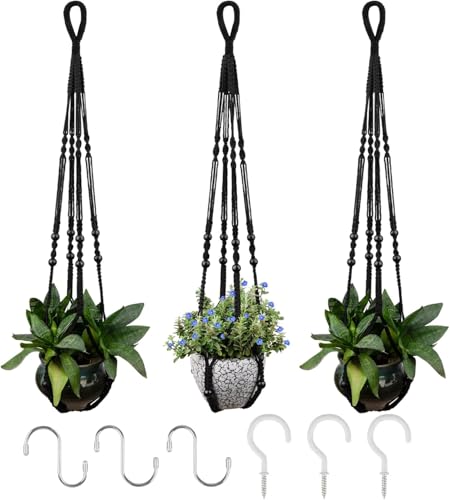 RIFNY Macrame Plant Hanger for 5 to 10 Inch Plant Pots, 35 Inch Indoor Handmade Woven Rope Hanger Kits with Hooks and Wood Beads, Hanging Planter Basket Holder for Boho Home Decor (Black, 3 Pack) - color: Black, size: 35 Inch 3 Pack
