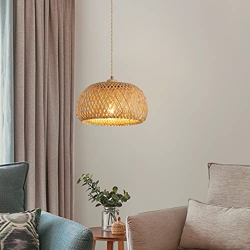 Bamboo Plug in Pendant Light with 14ft Handmade Woven Light Cord, Dimmable Switch, Boho Basket Hanging Lamp for Bedroom Kitchen Island Decor Farmhouse Living Room - color: Natural-4
