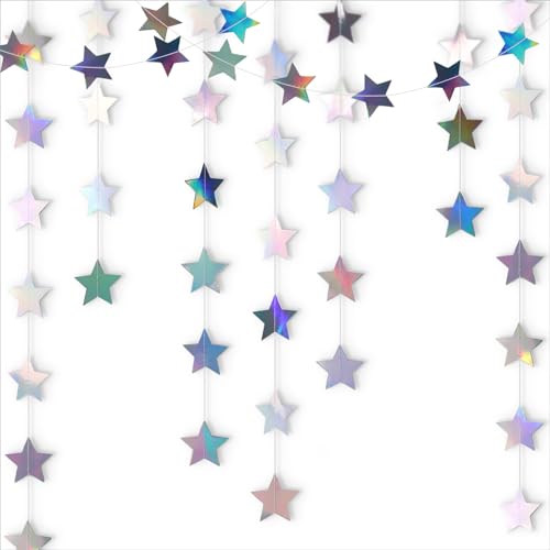 Iridescent-Star-Garland 90FT – 240 Pcs Sparkling Star Streamers-Hanging Glitter Star Banner Backdrop for Birthday, Baby Shower, Wedding, Christmas Party Decorations (6 Packs) - color: Iridescent