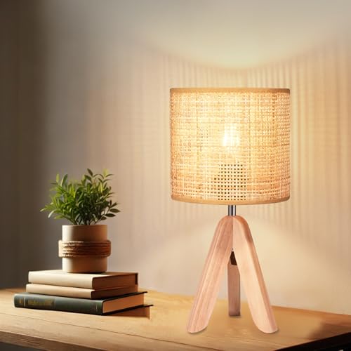 Hamilyeah Tripod Lamps for Night Stands Set of 2, Boho Bedside Lamps with Wicker Shade, Woven Table Lamps for Living Room with On/Off Switch, Wood Desk Lamps for Bedroom - color: Wood Wicker 2 PACK