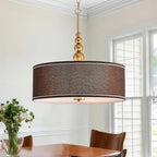 Shrine Lighting Drum Chandeliers, Farmhouse Style, Perfect Drum Pendant Light for Dining Room, D20'' x H7'', Adjustable Chains 59'', E26*3 Sockets, Brown Linen Fabric Lampshade & Gold Rod - color: Brown&Gold D20''