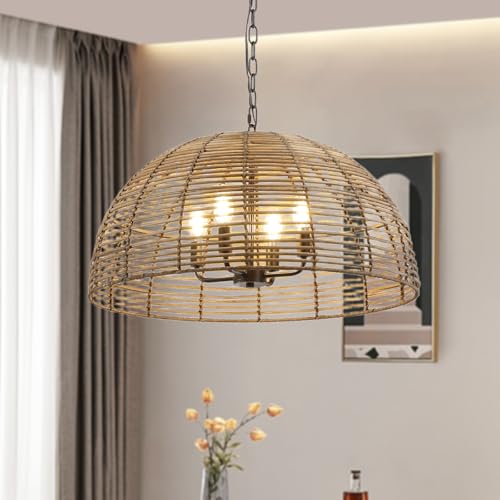 OCIOC Rattan Pendant Lighting, 23.6" Kitchen Island Hanging Light Fixtures,Large Boho Hand-Woven Chanderlier, E26 Farmhouse Retro Ceiling Chandelier 4-Lights For Dining Room Kitchen Island Living Room - size: 23.6" 4-Light