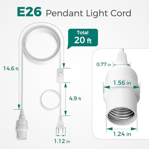 DiCUNO Hanging Lantern Extension Cord Cable, E26 Pendant Light Socket On Off Inline Cord Switch Control Lamp, Switch Close to Polarized Plug, 20 Feet (6M), White, 1-Pack - style: 20ft - White