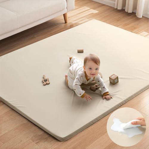 Blissful Diary Vegan Leather Baby Play Mat, 71x59 Thicken Foam Cushioned & Waterproof Playpen Mat for Infants and Toddlers, Stylish and Just Wipe-Clean Playmat for Baby Play on Floor, Beige - color: Beige, size: 71" X 59"