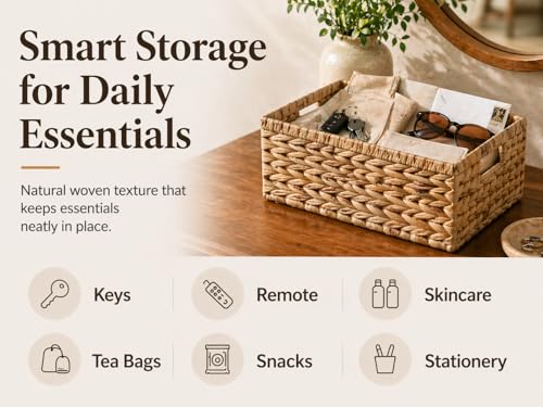 Wicker Storage Basket, Water Hyacinth Basket for Organizing, Rectangular Wicker Storage Baskets for Shelves, Small Wicker Basket with Built-in Handles, Natural, 12.6 x 8.66 x 6.3 Inch