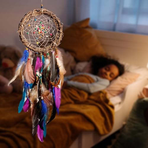 Dream Catcher Native American Boho Dreamcatcher Rattan Wall Decor, Handmade Natural Peacock Feathers Purple Colorful Beaded Hanging Ornament Indian Decor for Girls Bedroom(Purple Peacock Feather) - color: Purple Peacock Feather