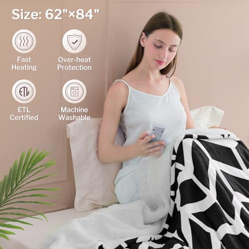 VENTIMI Electric Blanket Twin, 62" x 84" Heated Blanket with 9 Heat Levels & 2 to 10 Hours Auto Off, Fast Heating Blankets with ETL & FCC Certification, Black - color: Black, size: Twin