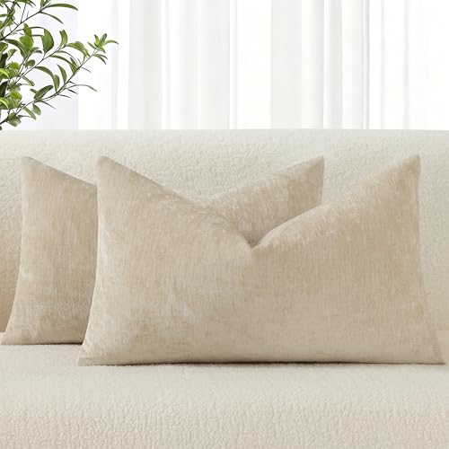 decorUhome Chenille Beige Throw Pillow Covers 12x20 Inch Set of 2, Decorative Soft Couch Pillow Covers Solid Dyed Accent Farmhouse Neutral Rectangle Pillow Cases for Sofa - color: Beige, size: 20" x 12" (Pack of 2)