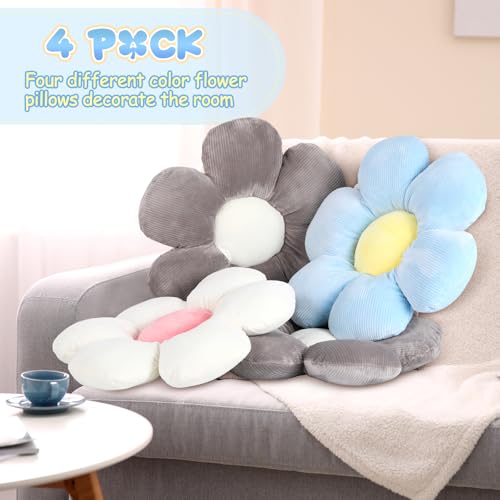 Reginary 4 Pcs Flower Floor Pillows Cute Plush Flower Throw Pillows Daisy Floor Seat Cushion Chair Pads for Back to School First Day of School for Sofa Couch Bed Decor(15 Inch,Gray, Blue, White) - color: Gray, Blue, White