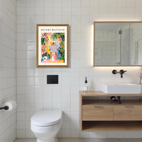 ICHZUMW Funny Tabby Cat Bathroom Wall Art, Framed Colorful Matisse Canvas Print Painting Artwork, Quirky Animal Reading Picture, Girly Pink Dopamine Wall Decor, Restroom Powder Room Bedroom, 16x24in - color: Matisse Reader, size: 24"L x 16"W