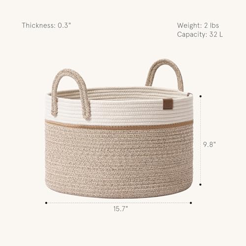 LA JOLIE MUSE Woven Basket Rope Storage Baskets - Tall Cotton Basket, Laundry Basket for Blanket, Kids Toy, Nursery Clothes Hamper Basket-S - color: White & Desert, size: S