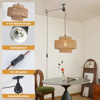 Rattan Plug in Pendant Light Boho Hanging Lights with Plug in Cord,Farmhouse Pulley Pendant Light with On Off Switch for Bedroom Living Room.