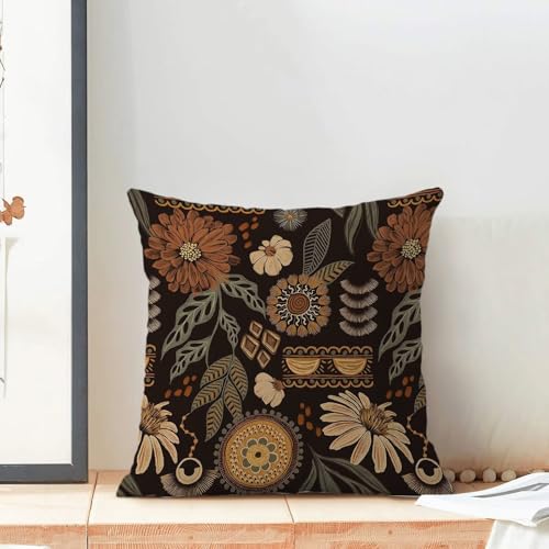 Boho Brown Plant Pillow Covers 18x18 Inch Set of 2, Boho Floral Outdoor Decorative Brown Tropical Leaves Throw Pillows Retro Bohemian Flower Couch Cushion Case for Chair Sofa Bedroom - color: Vc1, size: 18" x 18" (Pack of 2)