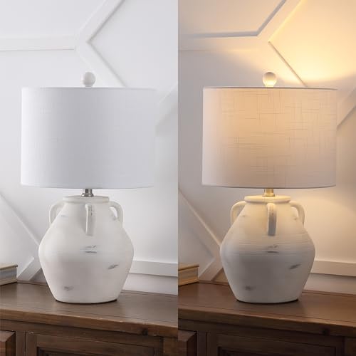 JONATHAN Y 20.5" White Ceramic Pottery Jar Table Lamp Set of 2 for Bedroom Living Room, Rustic Coastal French Country Cottage Style, White Linen Shade, LED Bulbs Included JYL5502A-SET2