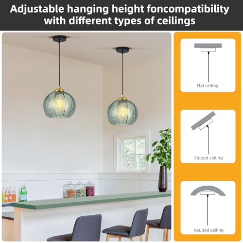 Mikeru 2-Pack Mint Glass Pendant Lights Kitchen Island Lighting Single Globe Pendant Light Fixtures Century Modern Kitchen Island Pendant Lighting for Bedroom Living Dining Room Light (Without Bulbs) - color: Mint-1 Light-2PC