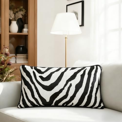 Mantle & Mason Modern Minimalist Lumbar Throw Pillow Cover 12x20 Set of 2 Decorative Couch Pillow Case Sofa Bed Chair Living Room Chenille Jacquard Zebra Print Home Decor Pillowcase Black White - color: Zebra Black White, size: 20" x 12" (Pack of 2)