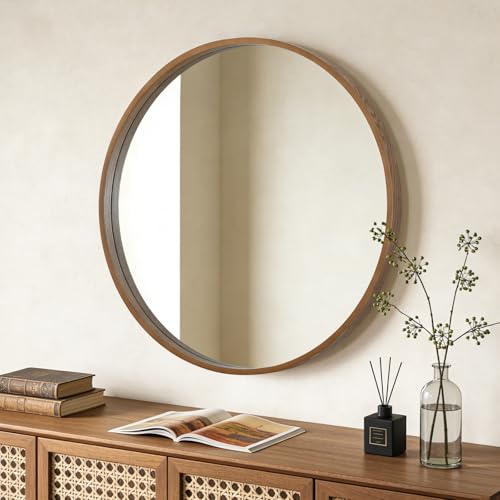 WallBeyond Round Wood Mirror, 36" Round Modern Decoration Large Circle Wall Mirror for Bathroom Living Room Bedroom Entryway, Walnut - color: Walnut, size: 36"L x 36"W