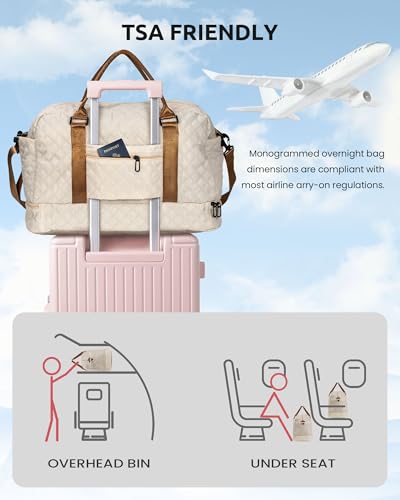 Girls/Kids Initial Duffle Bag with Shoe Compartment, Kids Personalized Travel Bags with Makeup Bag for Women with Trolley Sleeve & Wet Pocket, Gifts for Teenage Girl(Letter E) - color: Beige, style: E