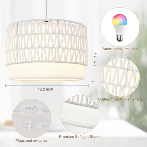 ZSLAIFU Hanging Lamp Plug in Pendant Light, 15FT White Hanging Lights with Plug in Cord, Hanging Light with Bulb and Remote, Hanging Lamps for Bedroom, Living Room, Kitchen, Farmhouse - color: White Rattan-White Shade