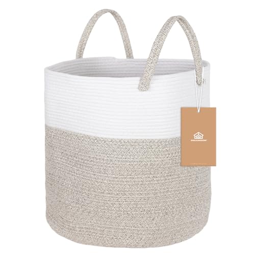 ShellKingdom Laundry Basket, Large Natural Rope Woven Storage Basket with Handles for Home, Living Room, Laundry, Storage Organizer for Blankets, Clothes, Toys, 19.7 x 14.96 INCH (2-Toned White Khaki) - color: 2-Toned White Khaki, size: 58L
