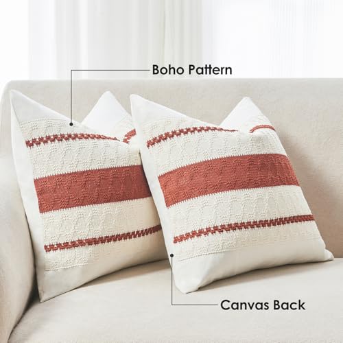 Throw Pillow Covers Set of 2 12x20 Inch Boho Pillow Covers, Soft Lumbar Neutral Cotton Rust Decorative Fall Case for Couch Sofa Bed Living Room, Home Modern Woven Farmhouse Cute Decor - color: Rust, size: 20" x 12" (Pack of 2)
