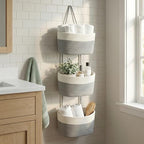 3-Tier Woven Cotton Rope Hanging Basket, Over the Door Organizer, Adjustable Detachable Wall Basket with Metal & Adhesive Hooks, No Drilling for Farmhouse, Boho Home and Wall Decor - style: White&Grey