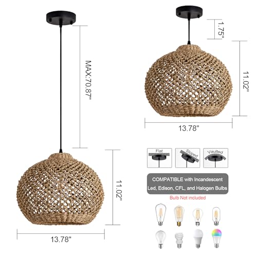 Farmhouse Rattan Pendant Lights 13.8" Wicker Hand-Woven Wicker Chandelier 1-Light Coastal Seagrass Hanging Light Fixture for Kitchen Island Bedroom Dining Room Hallway Entry Bar Restaurant - color: Coffee-A